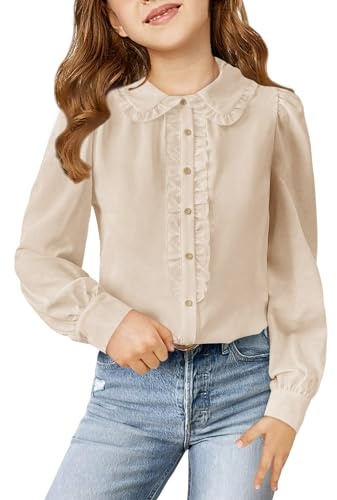 Haloumoning Girls Puff Long Sleeve Shirts Cute Casual Peter Pan Collar Blouse Ruffle Button Down Chiffon Tops 7-14 Years, Beige, 13-14 Years