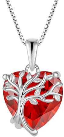 FJ Herz Lebensbaum Kette Damen 925 Sterling Silber Baum des Lebens Halskette Granat Anhänger Januar Geburtsstein Schmuck Geschenke für Frauen