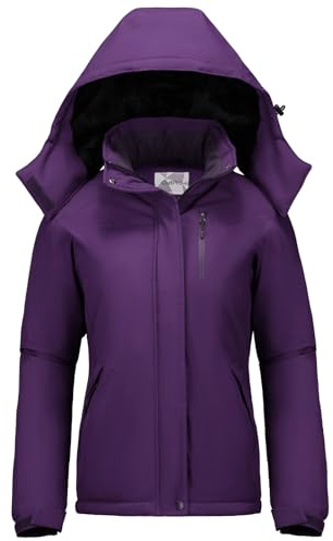 OutPro Winterjacke Damen Wasserdicht Skijacke Snowboardjacke Hooded Warm Dickes Gänsedaunenfutter Doppelte Seitentaschen Wanderjacke mit Reißverschluss für Outdoor-Aktivitäten Lila S