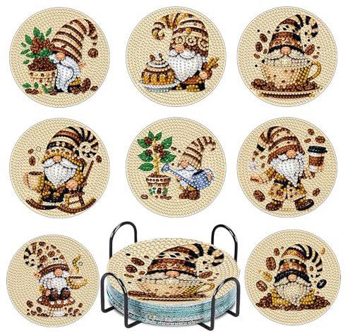 EFNHJF5 8 Stück Kaffee Gnom Diamond Painting Untersetzer with Holder für Basteln Erwachsene,Diamond painting kinder,Glasuntersetzer & DIY Zubehör für Wohndekoration