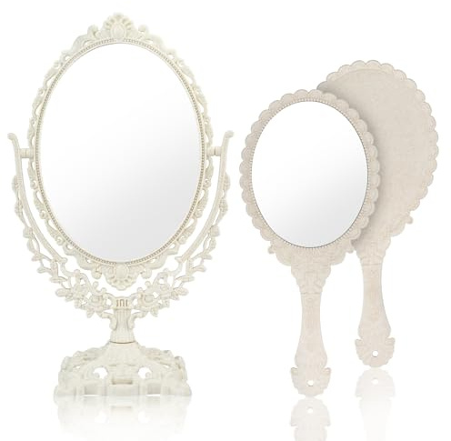 MOAMUN 2 Pièces Miroir Maquillage Vintage et Miroir a Main, Miroirs Grossissant Réglable Double Face avec Rotation à 360 Degrés, Pmiroir Sur Pied pour Chambre à Coucher Salle De Bain Coiffeuse Voyag