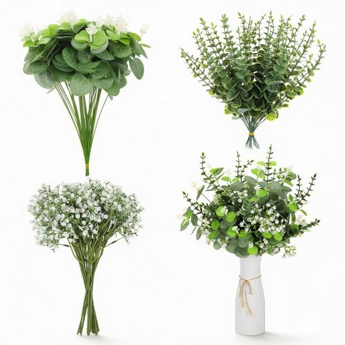 Huiguli Ramo de flores artificiales de eucalipto, 100 unidades, flores artificiales de eucalipto, flores artificiales y hojas verdes, para manualidades, bodas, fiestas, decoración de mesa y decoración