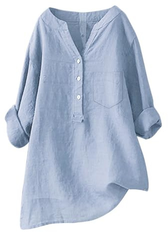 MJGkhiy Camicia Donna Lino Cotone Estiva Elegante Manica Lunga Camicetta Bianca Taglie Forti Blusa Casual Tinta Unita Maglietta Leggera Comodo Bottoni Scollo A V T-Shirt Lunga Camicette Tops Spiaggia