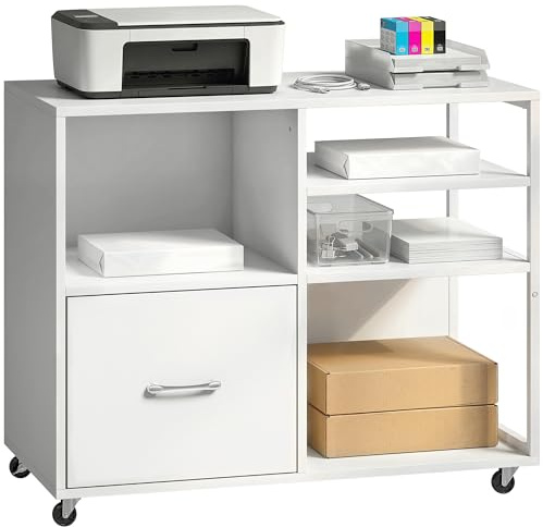 HOMCOM Mueble para Impresora con Ruedas, Mesa para Impresora Blanco | Estantes Abiertos, Cajón para Documentos Tamaño A4 y Carta, Archivador Móvil para Oficina en Casa