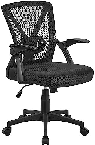 Yaheetech Bürostuhl Schreibtischstuhl mit hochklappbare Armlehnen, Drehstuhl aus Mesh, Office Chair Ergonomic, erstellbaren Lendenwirbelstütze, Wippfunktion, höhenverstellbar Schwarz