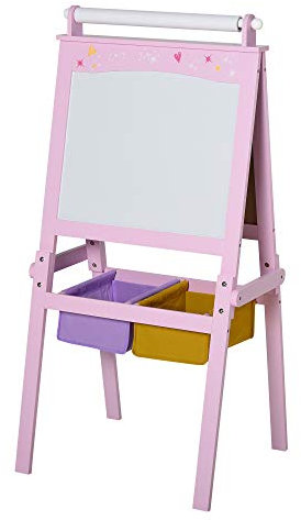 HOMCOM Lavagnetta per Bambini in Legno Rosa con Cavalletto 3 in 1: Lavagna Bianca, Nera e con Rullo Fogli di Carta