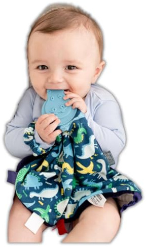 Cheeky Chompers Soft Baby Comforter | 4 in 1 Comfortchew | Baby Teething Aid & Sensory Toy | Silicone Teething Section | Soothing + Comforting | Dino