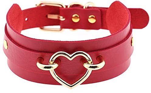 Aabellay Breit Lederhalsband Halskette Herz Form Damen Leder Choker Metall Ring Halsband Gotik Punk Rock Lederband Einstellbar Kragen - Rot mit Gold Herz