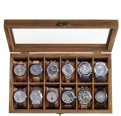 SONGMICS 12-Slot Watch Box, Watch Display Case with Large Glass Lid, Removable Watch Pillows, Velvet Lining, Gift Idea, Rustic Walnut UJOW120K01