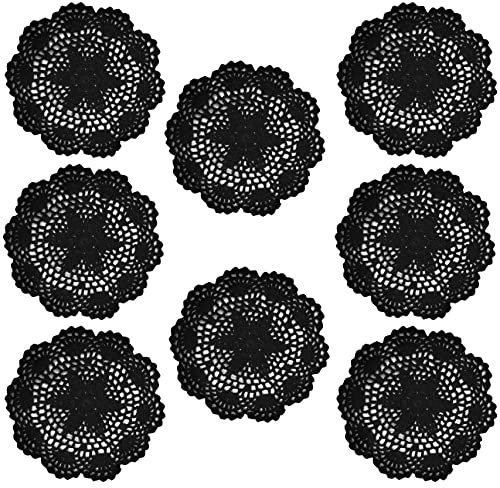 Phantomon 20,3 cm Deckchen, gehäkelt, runde Spitzendeckchen, handgefertigt, 100 % Baumwolle, gehäkelte Untersetzer, Blumen-Design, 8 Stück (schwarz)