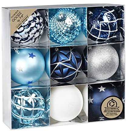 Inge-glas Weihnachtskugeln Kunststoff 10cm x 9 Stück Muster Ornamente Mix Christbaumkugeln Set, Silber,blau