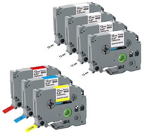 Kamo Schriftbänder 7er-Pack Kompatibel für Brother Schriftband P-touch Bänder TZe-231 431 531 631(12mm x 8m) Weiß/Rot/Gelb/Blau, für Beschriftungsgerät PT-D210 D220 D600 P700 H105 H107B H110 100LB