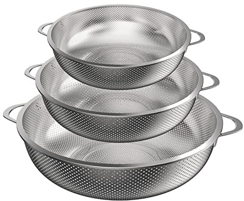 Zawaer Sieb Küche, 3er Set Edelstahl Mikroperforiertes Küchensieb Nudelsieb mit Griff, Abtropfsieb Seiher für Nudeln Obst Reis Gemüse, Gesünder und Hochglanzpoliert, Spülmaschinenfest (20/23/29cm)