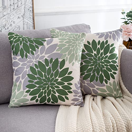 HomeStilez Kissenbezug 50x50cm,Grün und Grau Dekorativ Sofakissen Outdoor Kissen Abstrakte Dahlie Blume Dekokissen Leinen Abstrakte Kissenhülle 2er Set für Wohnkultur mit Unsichtbarem Reißverschluss