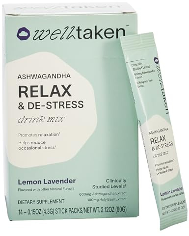 WellTaken Ashwagandha Relax & De-Stress Powder - Lemon Lavender 14ct Box - 600mg Ashwagandha, 200mg L-Theanine, Holy Basil – Supports Stress, Relaxation – Vegan, No Added Sugar - 14 Servings