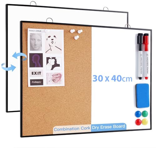 ARCOBIS Korktafel Whiteboard Kombination, 30X40cm Kleine Pinnwand für die Wand, Doppelseitiges Magnetisches Trockenabwisch-Korkboard, Vision-Whiteboard mit 2 Markern, 1 Radiergummi, 4 Pinnnadeln