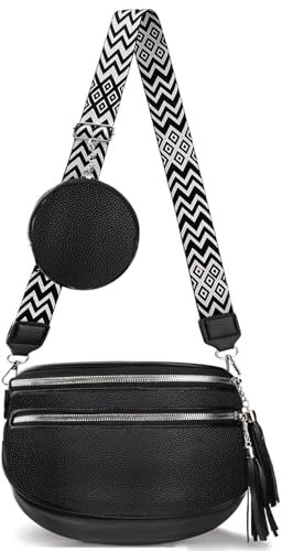 GYBOOM Crossbody-Taschen für Frauen, moderne Doppel-Reißverschluss-Brusttasche, verstellbarer Schultergurt breite Gürteltasche Hüfttasche mit Münzgeldbeutel PU Leder Pendeln Reisen (schwarz)