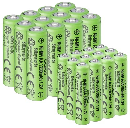 CICMOD Pilas Recargable AA y AAA 24 Piezas, 1,2V Batería Recargables NiMH 12 X AA 1200mAh y 12 X AAA 600mAh para Equipos Domésticos Luces solares de jardín Exteriores