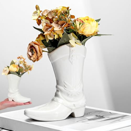 CroBlissful 5.9 Inch Cowgirl Boot Vase for Book Shelf Ceramic Cowboy Decoration Arrangements Nice Western Country Accent Vase Unique Boot Planter for Modern Aesthetic Room Wedding Decor(White)