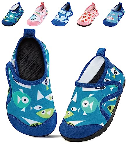 Toddler Water Shoes Kids Beach Swimming Pool Shoes, Quick Dry Non-Slip Barefoot Aqua Shoes for Children Boys Girls Light Blue Fish-2 5.5/6 (Label Size 24-25)