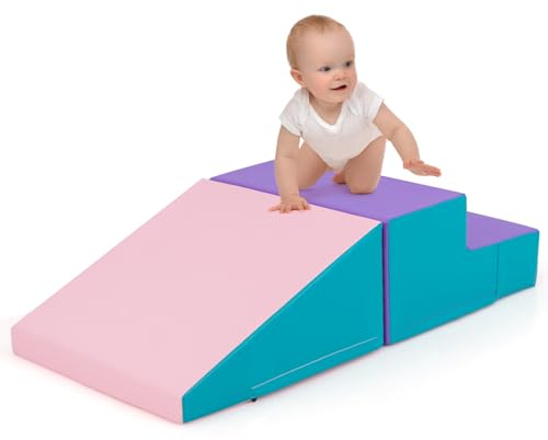 COSTWAY 2PCS Parcours Motricité Bébé en Mousse avec Housse Amovible en PU, Module Motricité Bébé avec Marche & Toboggan, Jouets Éducatifs pour Ramper Grimper pour Enfant d'Âge Préscolaire