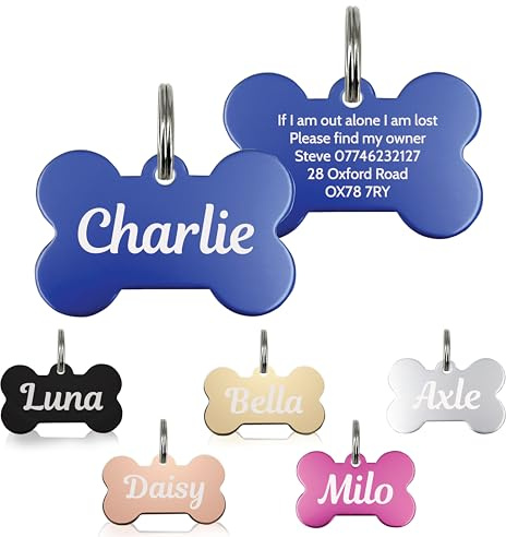 Personalised Dog Tags for Pets Engraved UK Cat Dog Name Identity Pet Tags Doggy Kitten Kitty Puppy Deep Engraved ID Stainless Steel (Bone Shape - Blue)
