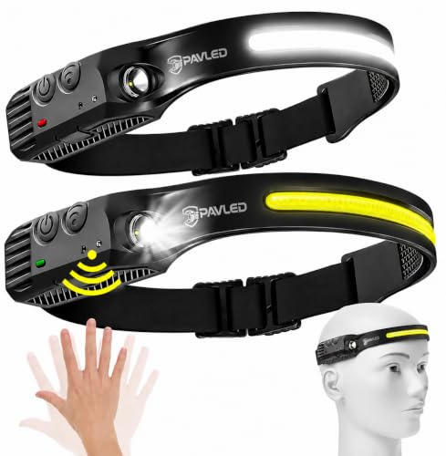 PAVLED Head Torch Rechargeable, LED Headlamp Motion Sensor Headtorch 230° Widen View & 5 Modes, Hands-Free IPX4 Waterproof Head Lamp for Cycling Fishing Running