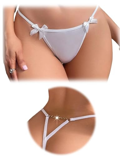 FULLJOYLOVE Sexy G-String Thongs Panties for Women T-back Chain Tanga V-Waist Briefs Bow Low Rise Underwear White S