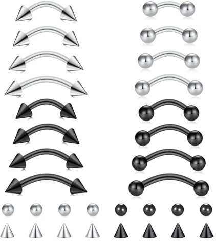 VFUN Piercing per sopracciglia/Rook/Snug/Vertical-Labret/Vch/Snake-Eyes/Anti-Tragus/Christina/Daith/Belly-Button/Bridge/Hood/Surface Curved Barbell, 16 g, 6/8/10/12 mm, gioielli per donne e uomini