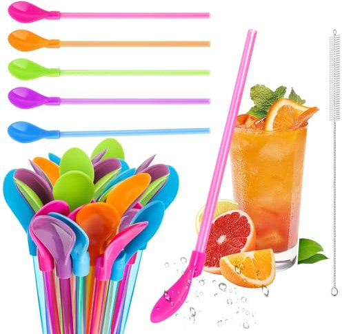 20 Pieces Slush Straws,Colored Straw Spoon 2 in 1 with Cleaning Brush,Drinking Straws for Smoothies, Juice, Cocktail, Hot Drink (5 Colors)