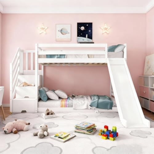KUIKUI Bunk Bed with Slide and Stairs, Double Bunk Bed with Storage for Bedroom, Solid Wood Bed Frame with 3 Drawers and Guard for children, 90x190cm, White, without Mattress