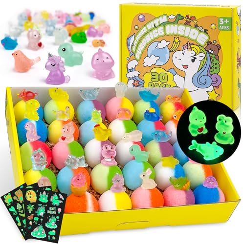 Bath Bombs for Kids with Toy Inside, 30 PCS Natrual and Organic Bubble Bath Bombs with Glow-in-The-Dark Surprise Inside, Perfect Handmade Birthday, Party, for Boys and Girls.