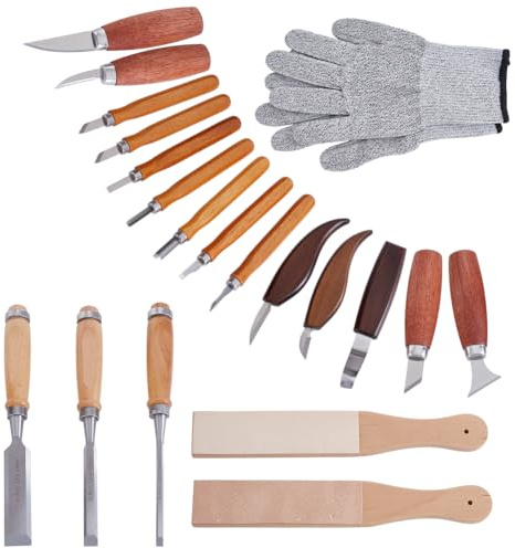 AHANDMAKER Kit di 19 strumenti per intaglio del legno, 7 strumenti per incidere e 6 strumenti per intaglio dettaglio, 1 paio di guanti in poliestere per principianti e appassionati adulti intaglio del