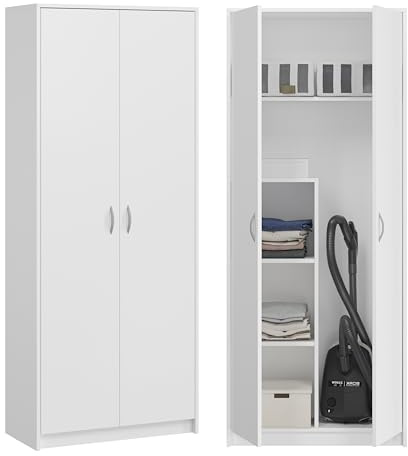 BDW - Armario para escobas – Armario de Limpieza – 74x35x180cm – versátil para escobas, aspiradora y Productos de Limpieza – Dino Blanco