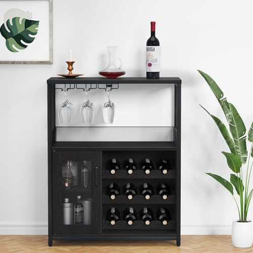 Aptliton Wine Bar Cabinet, Modern 3-Tier Bar Cabinet with Removable Wine Rack & Mesh Door - Adjustable Shelves, Waterproof Surfaces, for Kitchen, Dining Room or Living Room