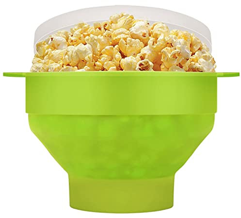 Flexzion Palomitera para microondas con tapa, Recipiente para hacer palomitas plegable de silicona de grado alimenticio para fiesta, niño, adulto, hogar, cocina, película y camping (Color Verde)