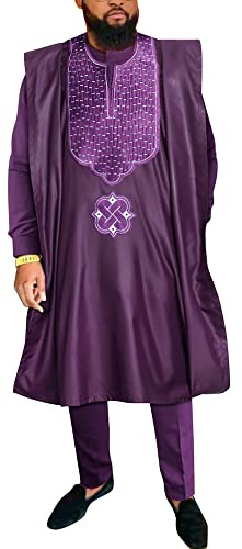 HD Agbada Vêtement africain pour homme avec broderie, tenue 3 pièces avec dashiki, chemise et pantalon, Large