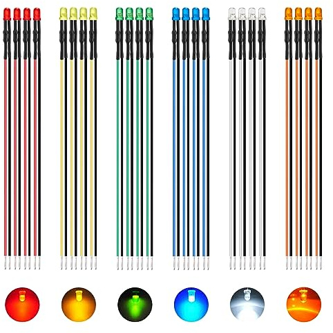 AUKENIEN 60 st 3 mm 12 V LED-dioder före ledningar LED-lampor diod sändare kit 6 färger DC 12 volt vit röd gul grön blå orange vridbar rund lampa med motstånd och trådbunden, 3MM PRE-WIRED LED DIODES