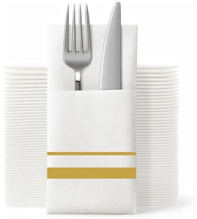 SUZZYVINE Lot de 150 serviettes de table jetables avec poche intégrée pour couverts - Serviettes élégantes en tissu pour fête de mariage - Toucher lin doré - Grandes et épaisses