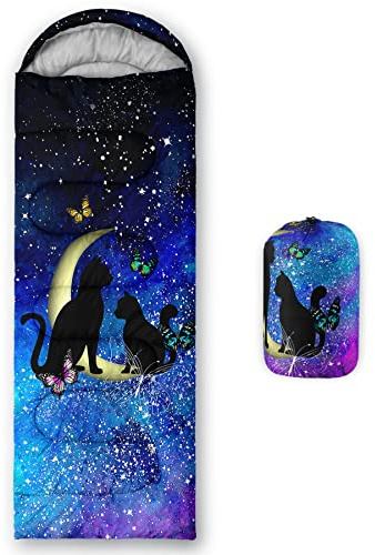 Axolotl Moon Cat Sleeping Bag for Kids Adult Boys Girls,3 Season Lightweight Warm Portable Outdoor Indoor,Waterproof Cold Weather Sleeping Bag with Compression Sack for Camping Backpacking Hiking,Blue