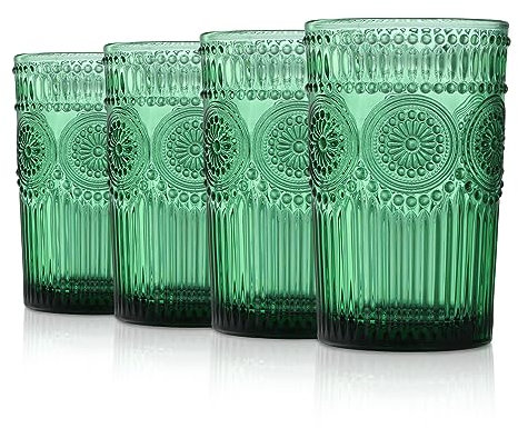 Joeyan 350ml Verres à boire verts en relief avec motifs de tournesol,Verres vintage multicolores résistant au lave-vaisselle,Lot de 4 verres à eau multicolores verre à jus de boisson cocktail