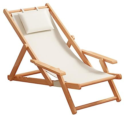 MOOTEK Wood Portable Reclining Beach Chair, 4 Level Height Adjustable Reclining Chairs with Wood Frames and Cushioned Headrest, for Indoor Outdoor Garden, Backyard, Poolside