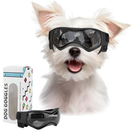 Billionchains Dog Goggles Dog Sunglasses for Small Breed UV Protection Windproof with Adjustable Head Straps Chin Straps for Ride Car/Hiking Travel/On Beach-Black