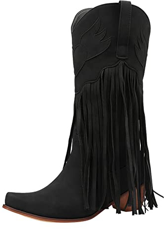 Générique Santiags Femme Western Frange Botte Indiennes Mi-Mollet Plates Bottes de Cowboy Larges Mollets Rétro Confortables Boots Equitation Bottes Motard Ado Filles Cowboy Western Bottines d'écurie