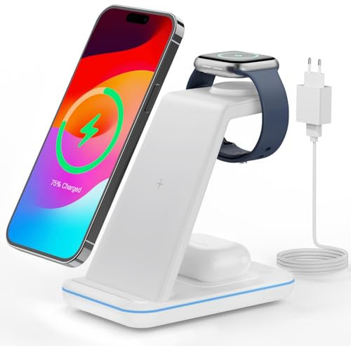 3 in 1 Induktive Ladestation, CIYOYO Kabelloses Ladegerät für iPhone 16/15/14/13/12/11/Pro Max/XS/XR/X/8, ladestation für iWatch Ultra/10/9/8/6/SE, Wireless Charger für AirPods4/3/2 Pro 2/Pro-White