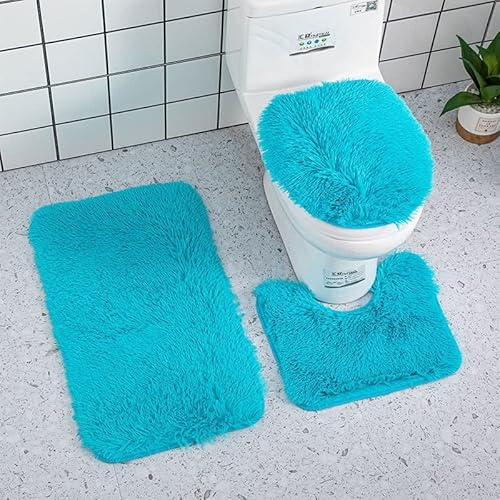 Juego de 3 alfombras de baño de microfibra suave, antideslizante, funda de asiento de inodoro de felpa esponjosa para baño, tapete de baño absorbente de agua, lavable a máquina (azul)