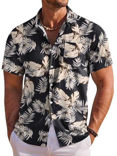 COOFANDY Camicia Hawaiana Uomo a Maniche Corte Casual Shirts Camicia Estiva Spiaggia Vacanza con Tasca Nero/Foglie M