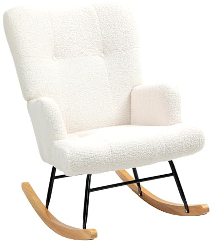 HOMCOM Silla Mecedora, Mecedora de Terciopelo de Teddy con Respaldo Alto, Patas de Madera de Caucho, Reposabrazos, Estilo Moderno, Sillón de Lactancia, Carga 120 kg, para Dormitorio, Salón, Crema