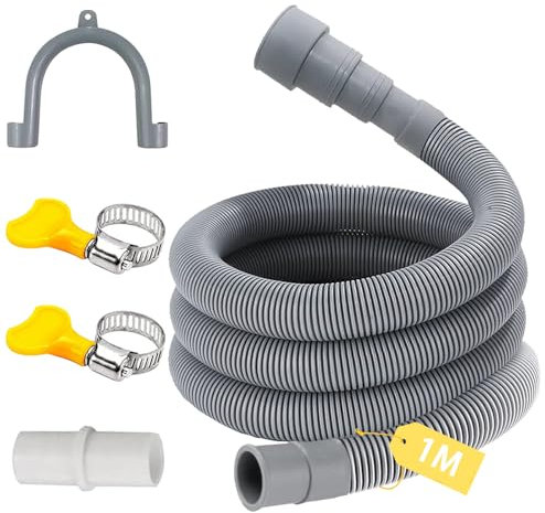 XIEXIESHER Tuyau Vidange Lave Vaisselle, 1M/1.5M/2M/3M/4M/5M/6M Rallonge de Tuyau de Vidange, avec SuPETort Forme U et Colliers de Serrage, pour Lave Vaisselle(1M)