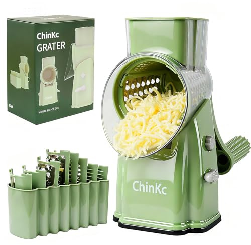 ChinKc Upgrade Rotary Cheese Grater Shredder with Handle, Strong Suction Base, Multi-purpose Rotary Grater Slicer with 5 Interchangeable Blades for Ice, Vegetables, Fruit, Nuts with Blade Storage Box